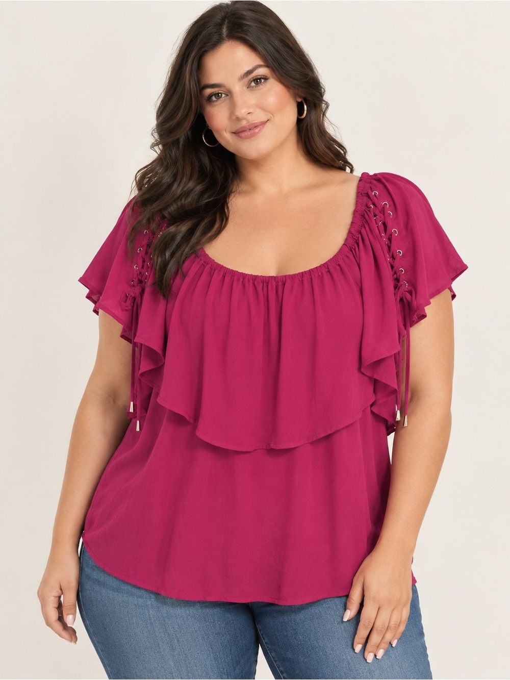 Torrid Magenta Purple Off-The-Shoulder Lace-Up Grommet Ruffle Blouse Size 0 / 1X